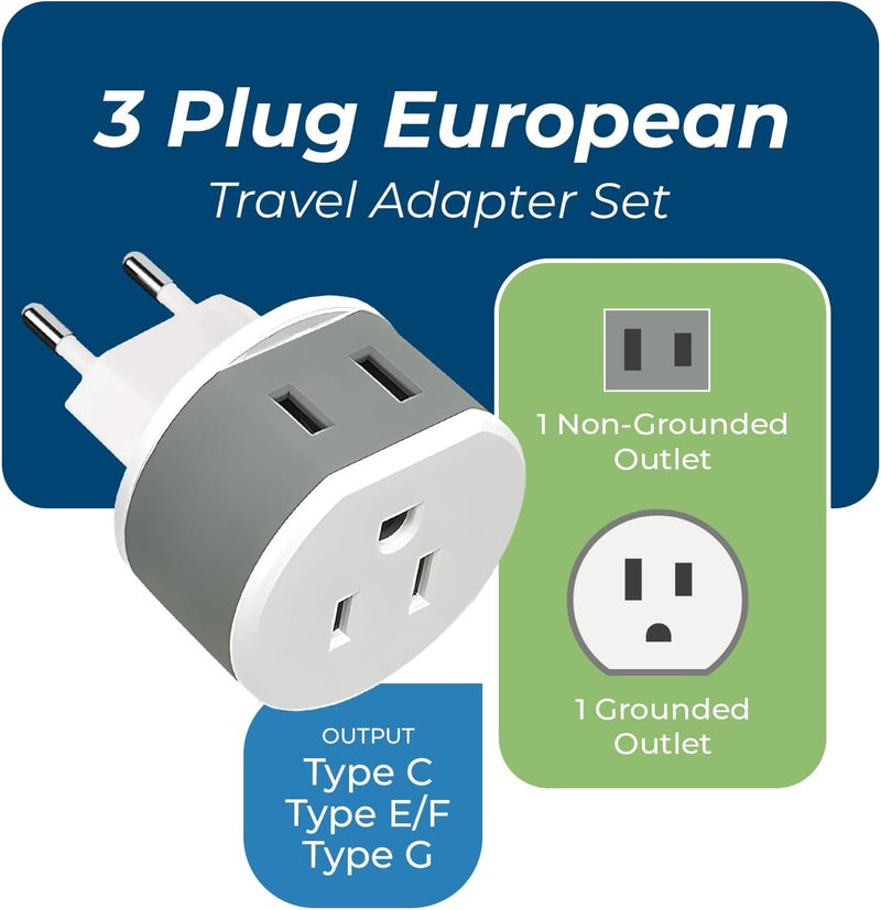 OREI Full European Travel Adapter Set - Dual Input American to Europe, Germany, England, Spain, Italy, Iceland, France, (Type G, E/F, Type C) - 3 Pack, Safe Grounded Use for Cell Phones, Laptops - Image 3